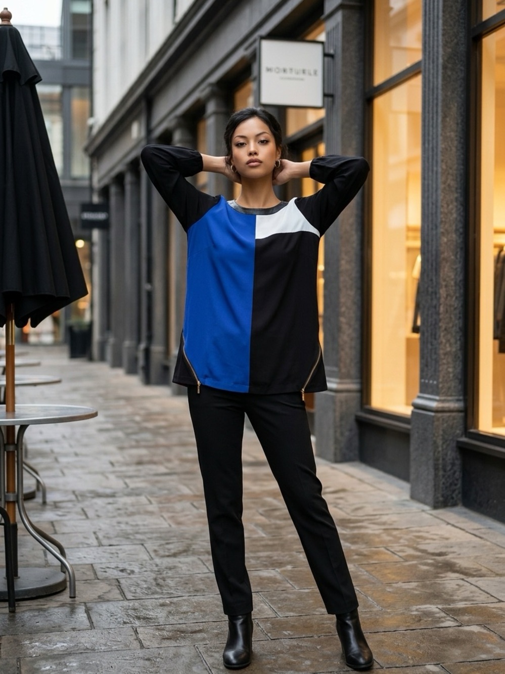 City Chic Blue, Black & White Coloblock top with zips